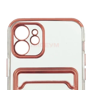 Чехол накладка для iPhone 12 SC305 с карманом для карты (прозрачный с красным)