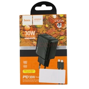 Сетевая зарядка USB/Type-C Hoco CS23A (30W/QC3.0/PD/кабель Type-C-Type-C) черная