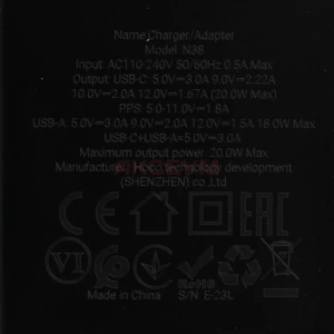 Сетевая зарядка USB/Type-C Hoco N38 (20W/QC3.0/PD) черная