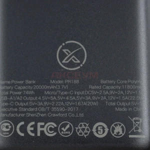 Внешний аккумулятор XO RP188 20000 mAh (22.5W/QC3.0/PD/2USB/MicroUSB/Type-C) черный