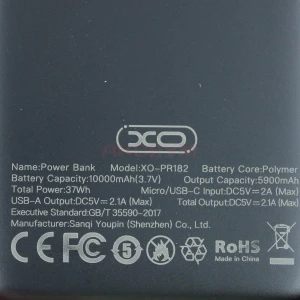 Внешний аккумулятор XO RP182 10000 mAh (10W/USB/MicroUSB/Type-C) черный