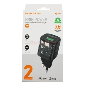 Сетевая зарядка USB/Type-C Borofone BN17 (20W/QC3.0/PD/прозрачная) черная