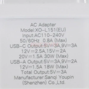 Сетевая зарядка USB/Type-C XO L151 (30W/QС3.0/PD) белая