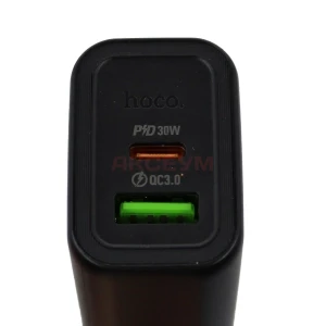 Сетевая зарядка USB/Type-C Hoco N63 (30W/QC3.0/PD/кабель Type-C-Lightning/GaN) черная