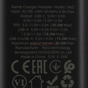Сетевая зарядка USB/Type-C Hoco N63 (30W/QC3.0/PD/кабель Type-C-Type-C/GaN) черная