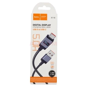 Кабель USB - Type-C Hoco X118 (5А/оплетка нейлон/с дисплеем) черный