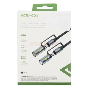 Кабель Type-C - 3 в 1 (Type-C+прикуриватель+LED подсветка) Acefast J4 (3A/60W/1.2 м) черный