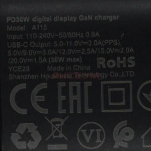 Сетевая зарядка Type-C Acefast A115 (30W/PD/кабель Type-C-Type-C/GaN/с дисплеем) черная