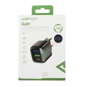 Сетевое зарядное устройство USB/Type-C Acefast A114 (25W, QC3.0, PD, 2 порта, GaN, с дисплеем) черное