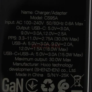 Сетевая зарядка USB/Type-C Hoco CS95A (30W/QC3.0/PD/2 порта) черная