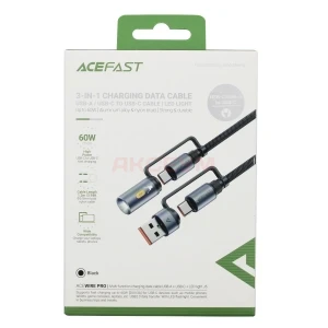 Кабель Type-C - 3 в 1 (Type-C/USB/LED подсветка) Acefast J5 (3A/60W/оплетка нейлон/1.2 м) черный