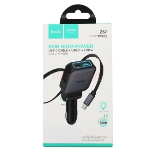 Автомобильное зарядное USB/Type-C Hoco Z67 (60W/QC3.0/PD/1Type-C/1USB/встроенный кабель Type-C) серая
